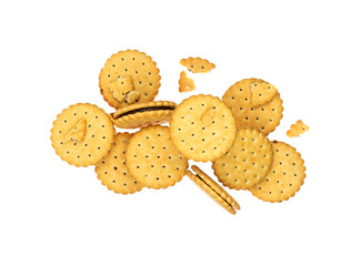 Creative layout with crackers. Crackers isolated on white background. Sweet crackers with chocolate flying in motion or falling.