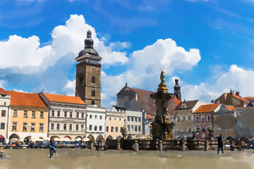 Obraz premium View of Premysl Otakar II. square in Ceske Budejovice - Watercolor style.