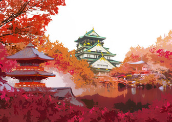 Autumn japan travel concept, Art of beautiful autumn season with landmark famous place of Osaka castle, Daigo ji temple, red pagoda of Kiyomizu temple in Kyoto and Osaka, Japan