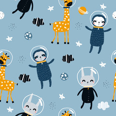 Seamless pattern with animals astronauts in space. Kids trendy print. Vector hand drawn illustration.