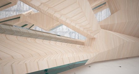Fototapeta premium Abstract concrete, glass and wood interior with window. 3D illustration and rendering.