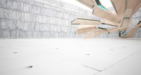 Abstract  concrete, glass and wood interior  with window. 3D illustration and rendering.