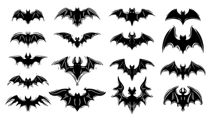 Vampire bats hand drawn silhouette illustrations set