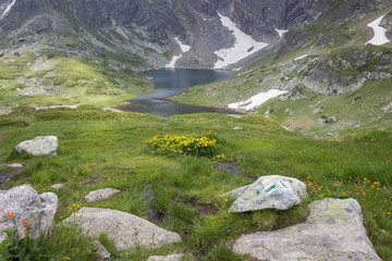 Low angle view of the Twin glacial lake on Rila mountain with colorful foreground flowers, sunlit grass, rocks and Bulgarian flag