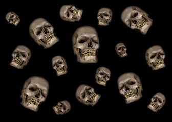 Many human skulls on a black background.