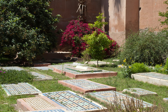 Marrakesh Morocco, graves in the courtyard of Saadian Tombs