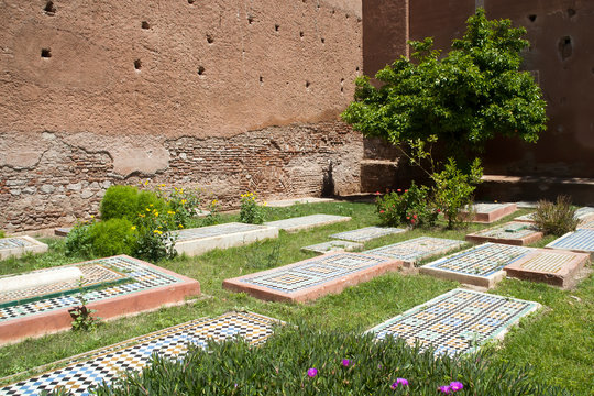 Marrakesh Morocco, graves in the courtyard of Saadian Tombs