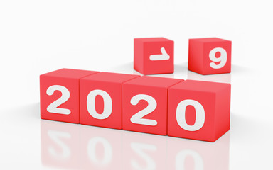 2020 new year, concept with red cube with 2020 numbers, and 19 blurred in the background. Isolated in white background