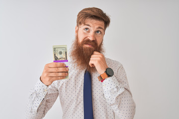 Young redhead irish businessman holding dollars standing over isolated white background serious...