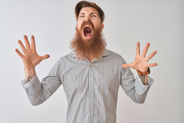 Young redhead irish man wearing casual shirt standing over isolated white background crazy and mad shouting and yelling with aggressive expression and arms raised. Frustration concept.