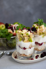 Curd dessert. Made from apples, pears, cookies, decorated with mint and blackberry. Diet. Near apples, pears, pomegranates, grapes, lime. Near glasses of raspberries. Healthy eating Light breakfast. 