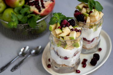 Curd dessert. Made from apples, pears, cookies, decorated with mint and blackberry. Diet. Near apples, pears, pomegranates, grapes, lime. Near glasses of raspberries. Healthy eating Light breakfast. 