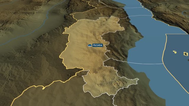 Mzimba - district of Malawi with its capital zoomed on the physical map of the globe. Animation 3D