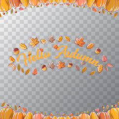 Fototapeta na wymiar vector hello autumn banner or label with text and falling autumn leaves isolated on transparent background. Cartoon hello autumn poster or banner
