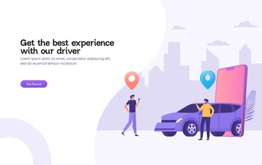 happy man wait for taxi driver vector illustration concept,  Online car sharing   with cartoon character and smartphone can use for, landing page, template, ui, web, mobile app, poster, banner, flyer