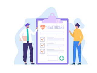 health check up vector illustration concept, flat character doctor showing medical check up form to patient, can use for, landing page, template, ui, web, mobile app, poster, banner, flyer