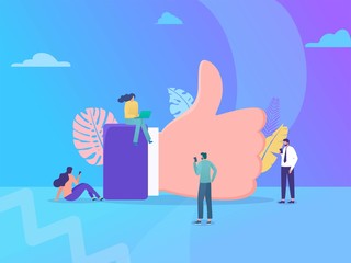 Obraz premium people addict with gadget vector concept illustration, happy woman and men give like comment on Instagram, can use for, landing page, template, ui, web, homepage, poster, banner, flyer, infographic