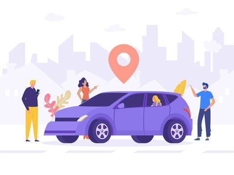 happy man wait for taxi driver vector illustration concept,  Online car sharing   with cartoon character and smartphone can use for, landing page, template, ui, web, mobile app, poster, banner, flyer