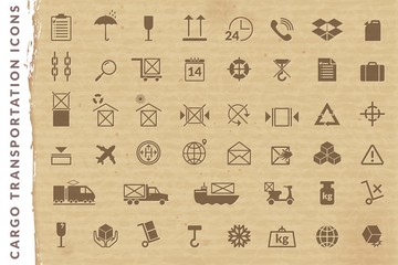 Cargo transportation signs symbols cardboard background