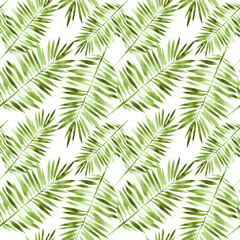 Beautiful tropical palm leaves seamless pattern. Watercolor botanical illustration. Hand painted exotic greenery branch. For design, print or background.