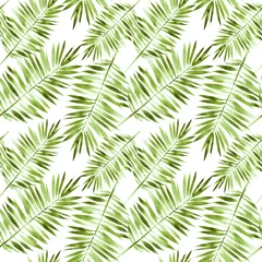 Behang Aquarel prints Mooie tropische palmbladeren naadloze patroon. Aquarel botanische illustratie. Handgeschilderde exotische groene tak. Voor ontwerp, print of achtergrond.