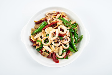Chinese national dish, a plate of green pepper fried red shrimps on a white background