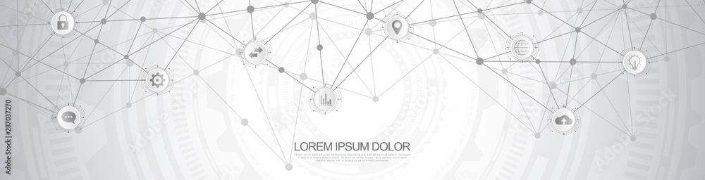 Wall mural website header or banner design with abstract technical background and connecting dots and lines. di