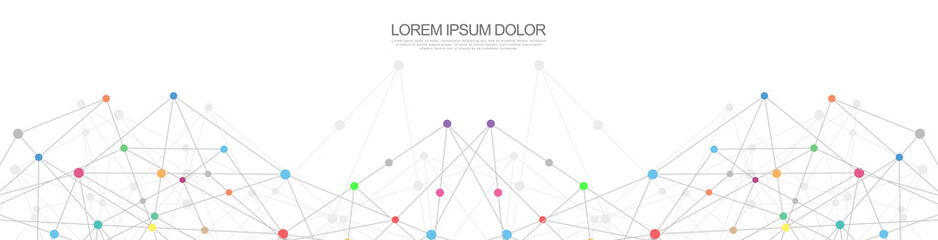 Website header or banner design with abstract geometric background and connecting dots and lines. Global network connection. Digital technology with plexus background and space for your text.