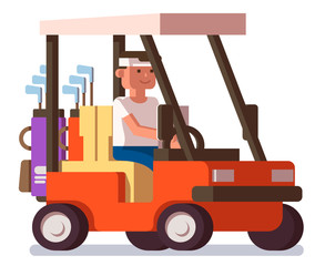 Man driving a golf cart. Flat vector illustration isolated on white background