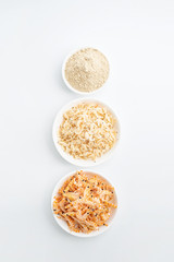 Dried seafood white shrimp and shrimp skin powder on white background
