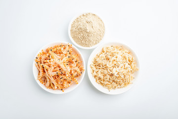 Dried seafood white shrimp and shrimp skin powder on white background