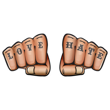 Love And Hate Fists With Tattoo Isolated On White Background. Fight For Love Concept Illustration With Fist Punch