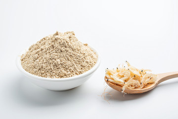 Dried seafood white shrimp and shrimp skin powder on white background