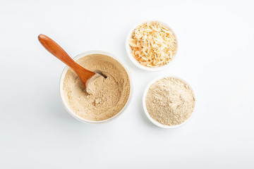 A jar of nutritious shrimp skin and shrimp skin on a white background