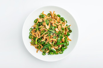 Chinese national dish, a plate of green pepper fried red shrimps on a white background