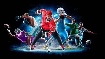 Tuinposter Multi sport collage football boxing soccer ice hockey on black background © 103tnn