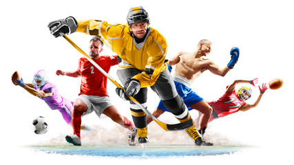 Multi sport collage football boxing soccer ice hockey on white background