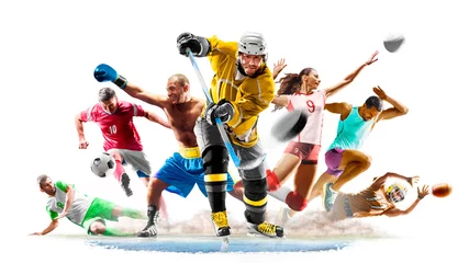Poster Multi sport collage football boxing soccer voleyball ice hockey running on white background © 103tnn