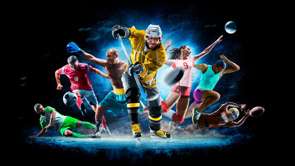 Multi sport collage football boxing soccer voleyball ice hockey on black background - obrazy, fototapety, plakaty