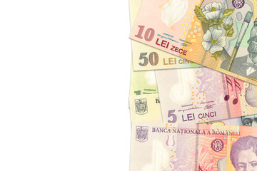 some romanian leu banknotes indicating growing economics with copyspace on the left