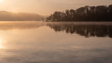 Golden Misty Autumn Morning on the Lake at Sunrise