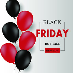 Sale banner for Black Friday. Flying black and red balloons. Lettering in frame.  Seasonal shopping. Vector illustration. EPS 10