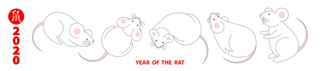 Banner with cute cartoon rats, symbol of 2020 Chinese New year. Holiday illustration with Zodiac Sign of white mice on a white background. Vector element for greeting card, poster, flyer 