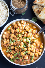 Bowl of Chana Masala with Rice and Naan