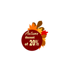 stylish vector sticker - big autumn sale up to 20% discount with orange and red autumn leaves isolated