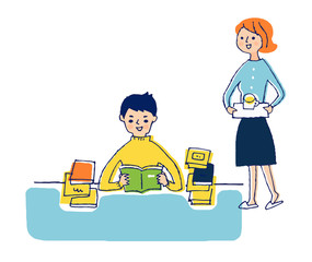 勉強する男の子と母親
