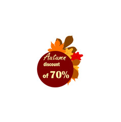 stylish vector sticker - big autumn sale up to 70: discounts. Bright orange and red autumn leaves and a beautiful promotion for stores