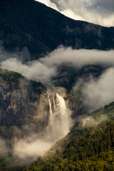 Feigumfossen waterfall off the shore of Lustrafjord in Norway