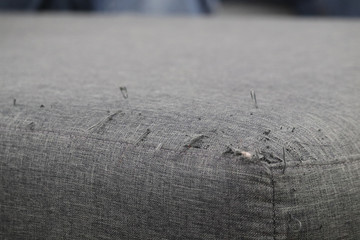 A sofa that was damaged by a cat scratch