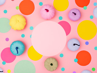 Vibrant pumpkins and confetti.